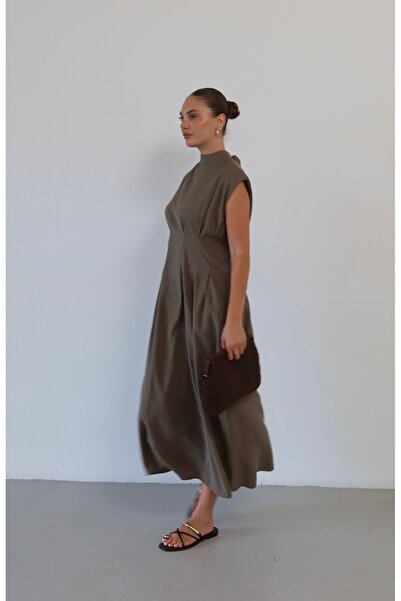 Myra Fashion Dik Yaka Kolsuz Midi Elbise Klasik Günlük Şık Trend Elbise