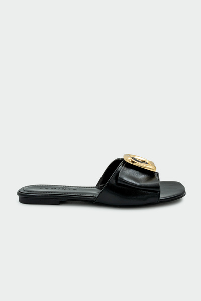 LAMİNTA Ostic Buckle Detailed Bowknot Women's Black Flat Slippers