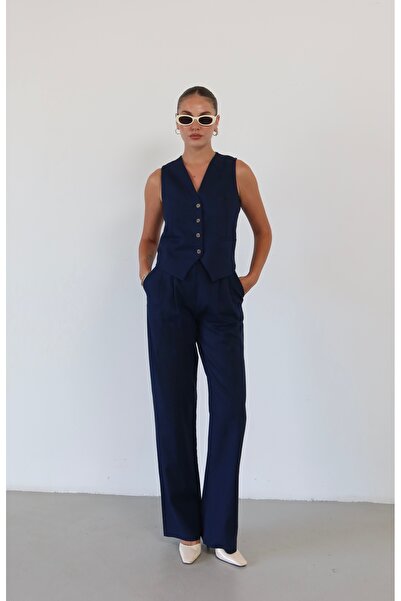 Myra Fashion Keten Yelek Pantolon İkili Takım Düğmeli Yelek Geniş Paça Cepli ...