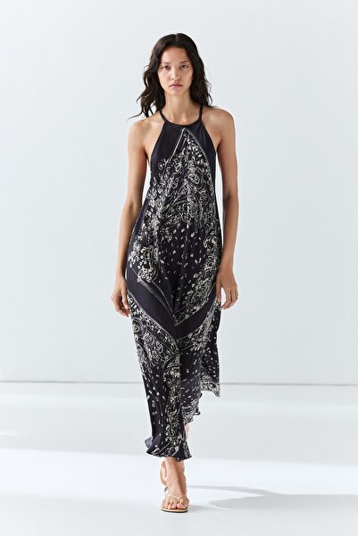 Massimo Dutti Paisley desenli dökümlü halter yaka uzun elbise