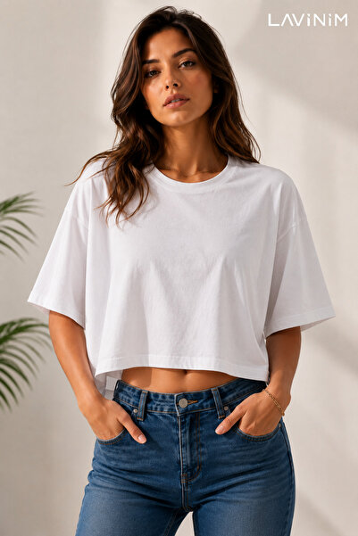 LAVİNİM Γυναικείο Crop Boy Oversize Basic T-Shirt Χαλαρής Εφαρμογής Βαμβακερό