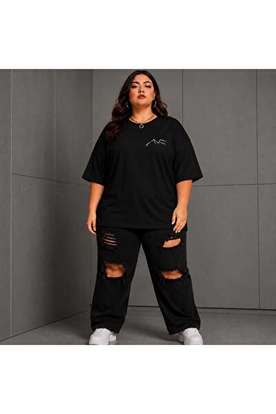 ZAVIXO Büyük Beden Kadın Oversize Dağ Baskılı Basic Tişört Bisiklet Yaka Kısa...