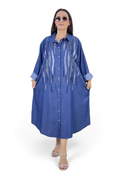 yagmurberen Boydan Crystal Buttoned Pocket Stone Embroidery Detail Extra Larg...