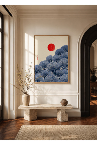 Boho wellness studio Ahşap Çerçeveli Japon Güneşi ve Mavi Ağaç Poster Tablo |...