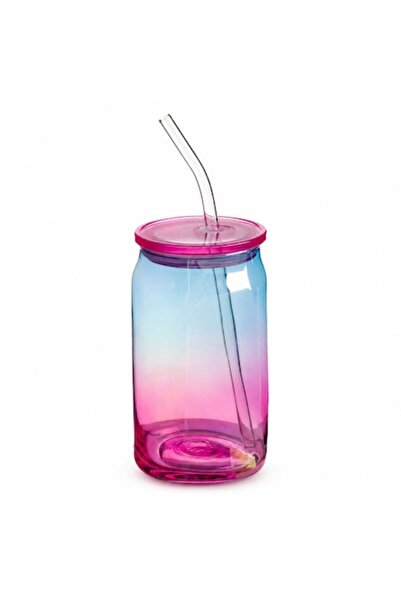 SHOPIENS Pahar holografic violet de 540ml cu pai transparent, capac roz, desi...