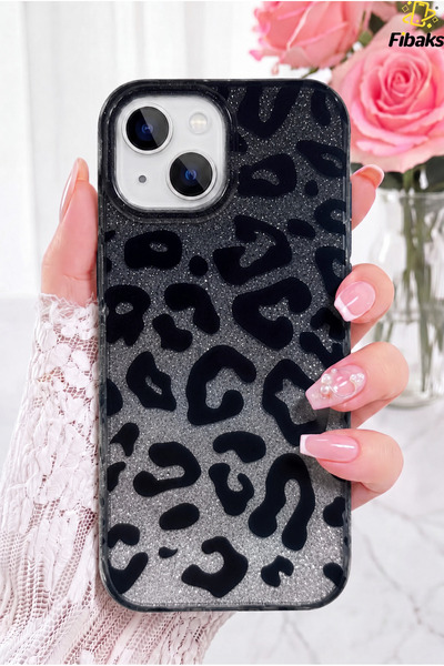 Fibaks Simli Leopar iPhone 13/14/15 Kılıf Glitter Leopard Şeffaf Telefon Kılı...