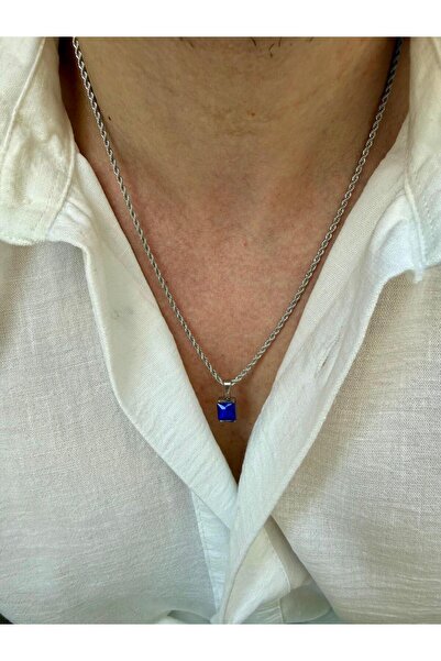 Fjellor Nolvaros Navy Blue Baguette Stone Silver Color Steel Men's Necklace –...
