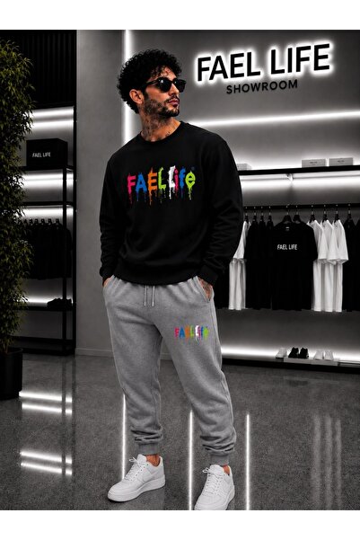 FAEL LİFE Unisex Wide Cut Zero Neck and Sweatpants Colorful Printed Set