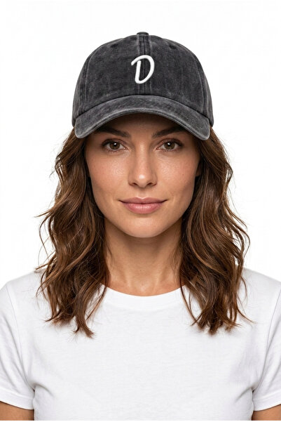 ŞapkaMania Black Embroidered Washable Vintage Unisex Hat with Letter D
