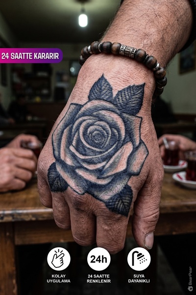 BP Tattoo 24 Saatte Kararan El Dövmesi Gül Figürlü Yarı Kalıcı El Dövmesi