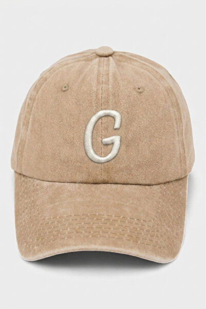 ŞapkaMania Beige Embroidered Washable Vintage Unisex Hat with Letter g