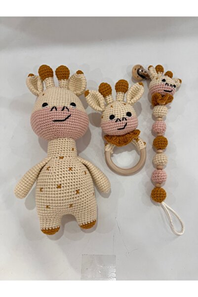 TOIVOS El Örgüsü Zürafa Set | Amigurumi + Çıngıraklı Diş Kaşıyıcı + Emzik Zin...