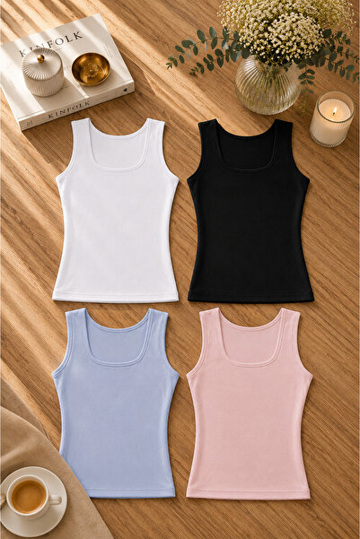 ROZELT Women's Square Neck Strappy Cotton Lycra Combed Cotton 4-Piece Undershirt