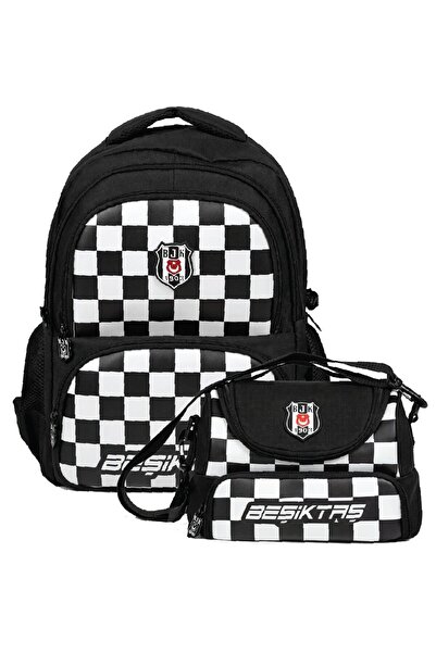 Beşiktaş Boy's Primary School Bag and Lunchbox Set (Checkerboard Print) Black...