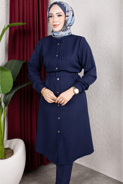 Rabia Zülal New Season Ribbed Detailed Belted Hijab Suit - Navy Blue