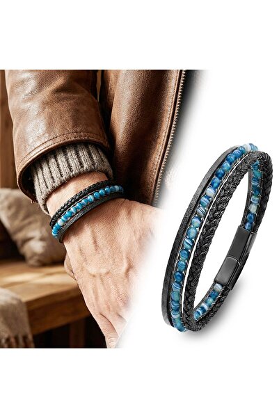 OGHAMAY Blue Madagascarr Stone 316L Steel Interlocking Multi-Layer Braided Le...