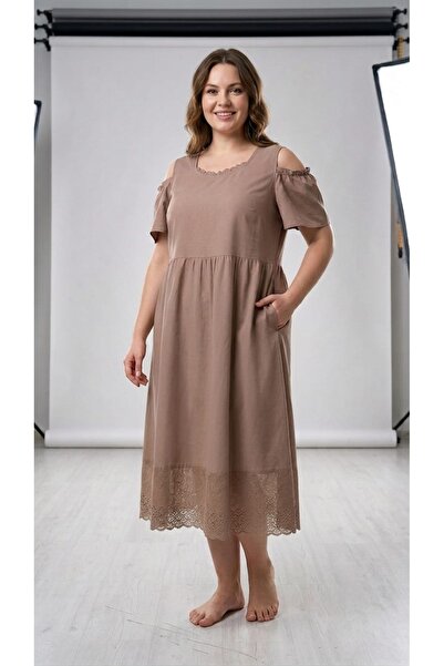 MAXLEVEL MODA Linen Plus-Size Women's Dress with Guipure Detail and Off-The-S...
