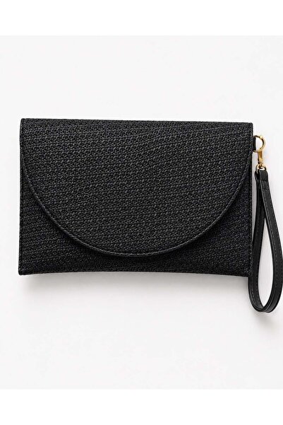 Madamra Black Straw Women's Clutch Bag with Curved Cover Portfolio Handbag
