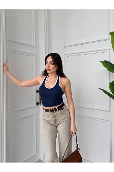 VELTHİRA Kadın Kontrast Biye Detaylı Halter Yaka Sırt Dekolteli Crop Atlet