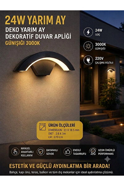 ECONA MODERN Yarım Ay Dekoratif Aplik Duvar Aydınlatma 24w Günışığı Led Lamba...