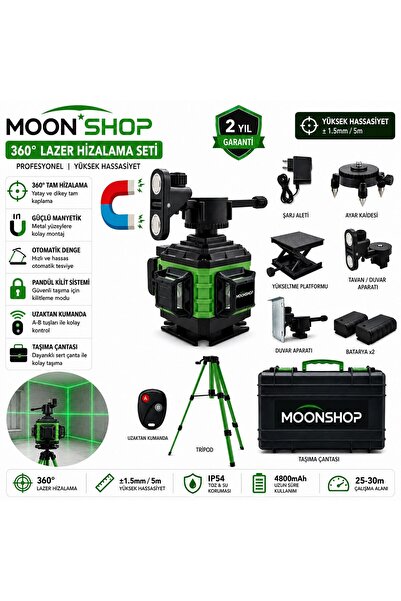 MOONSHOP 360° Yeşil Lazer Hizalama Seti Şarjlı 16 Çizgili Tripodlu Profesyone...