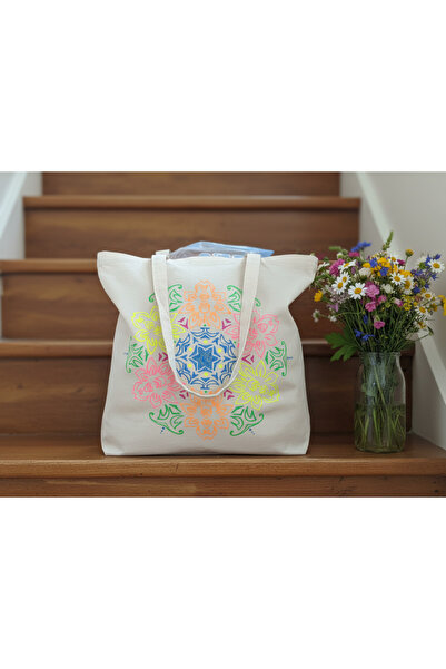 Vogue Visage Rainbow Floral Mandala Hand-Painted Canvas Tote Bag