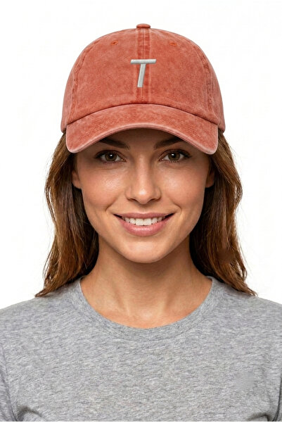 ŞapkaMania Orange Embroidered Washable Vintage Unisex Hat with Letter t
