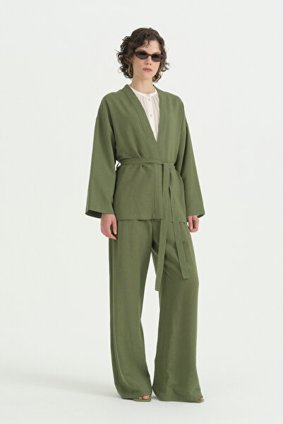 Nihan Belted Linen Short Kimono - Green