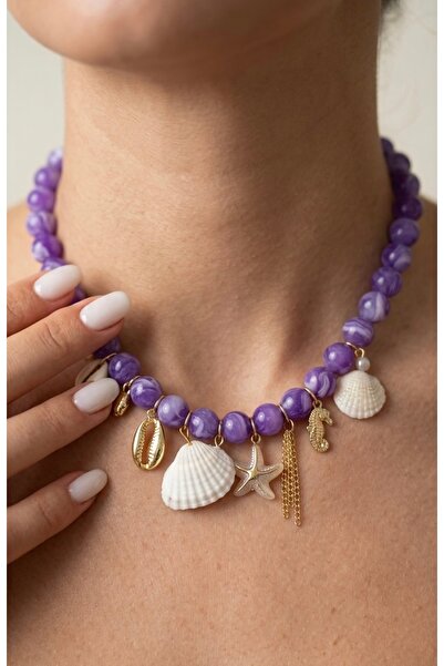Glowisters Jewelry Kadın Çoklu Charmlı Deniz Kabuğu Figürlü Mor Boncuk Kombin...