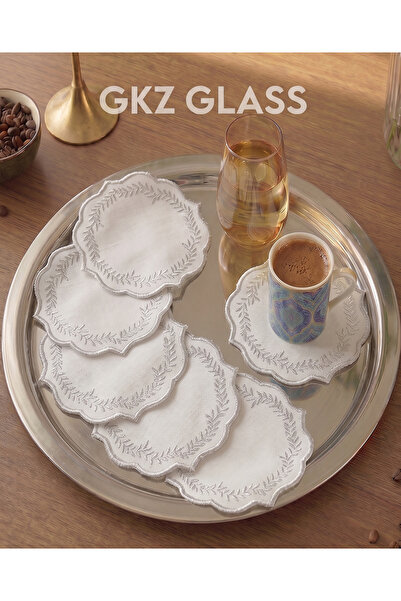 gkzglass home dekor 6 Adet Keten Kumaş Üzeri Nakışlı Kahve Yanı Kokteyl Peçet...