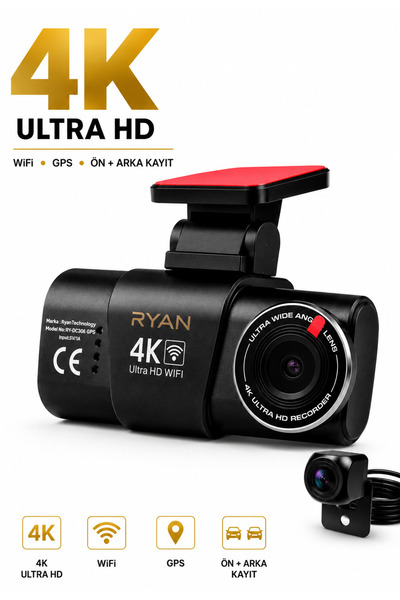 Ryan 4K Araç İçi Kamera İki Kameralı Gece Görüşlü Wifi GPS 24 Saat Park Modu ...