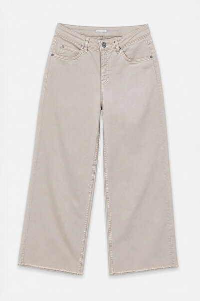 blue white Pantaloni de damă din denim bej cu picioare late cu ciucuri