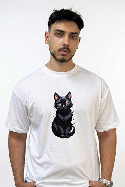 Anetos Black Cat Design Printed Oversize White T-Shirt