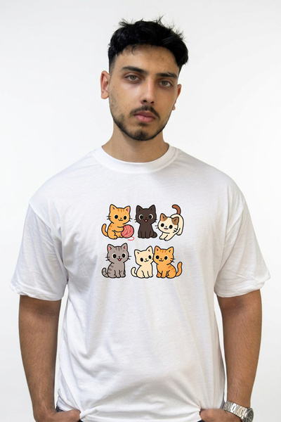 Anetos Cute Cats Design Printed Oversize White T-Shirt