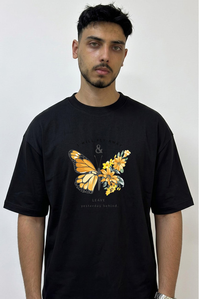 Anetos Butterfly Flower Design Printed Oversize Black T-Shirt