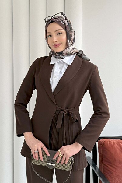 Modaensarbutik Yan Bağlamalı Pilise Detay Blazer Ceket-KAHVERENGİ