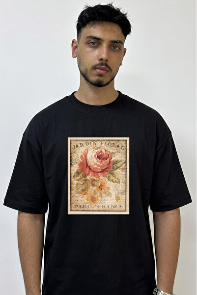 Anetos Μπλουζάκι Jardin Floral Rose με στάμπα σε μεγάλο μέγεθος σε μαύρο χρώμα