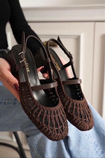 DefHeel'e Women's Sandals Short Thick Heeled Knitted Shoes Mary Jane