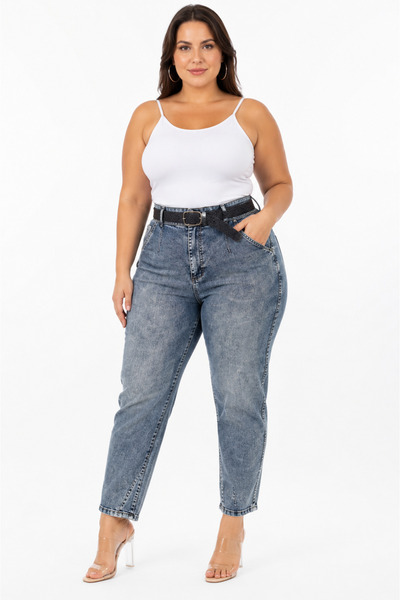 ZANESSİ FASHION Plus Size Denim Belted Skinny Leg Women's Trousers