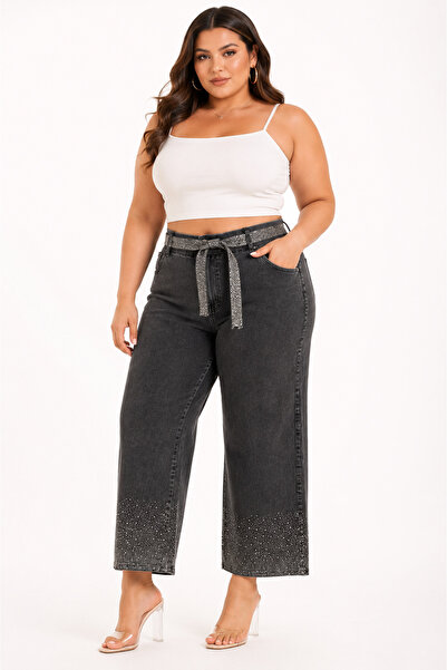 ZANESSİ FASHION Plus Size High Waist Belted Stoned Palazzo Women's Trousers