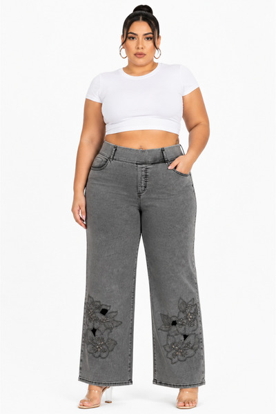 ZANESSİ FASHION Plus Size Denim Stoned High Waist Wide Leg Women's Trousers