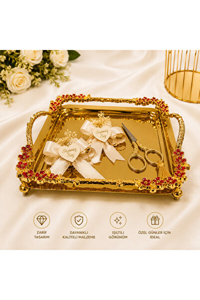 Mihremir Gold ayaklı premium kahve sunum tepsisi, çeyiz tepsisi,söz nişan tep...