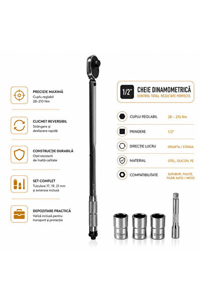 Bigstren Cheie dinamometrica 1/2", reglaj 28-210 Nm, cap clichet reversibil, ...
