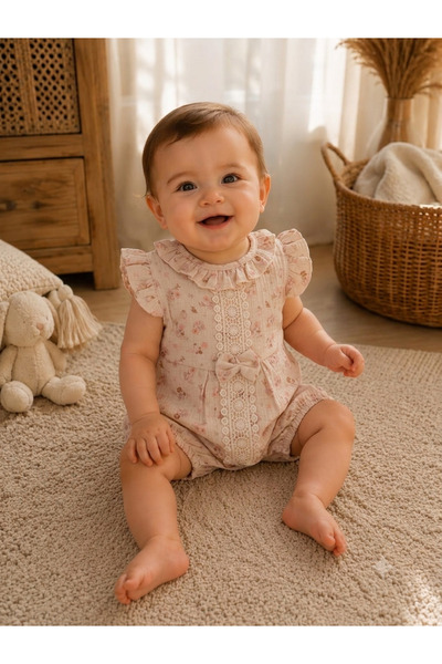 Ely Baby Fırfırlı Güpür Dantel Detaylı Çiçekli Kız Bebek Tulum