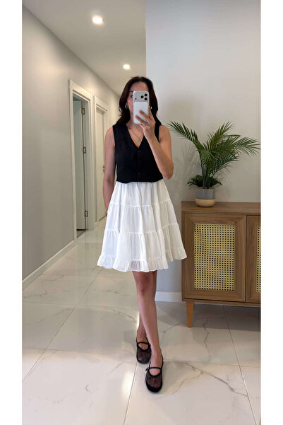 BİRCANÇİL Notsa Black and White Self-Waisted Detailed Lined Mini Dress