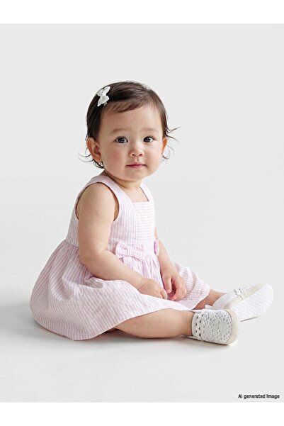LC Waikiki Lcw Baby Ecru Bow Detailed Square Collar Striped Baby Girl Dress