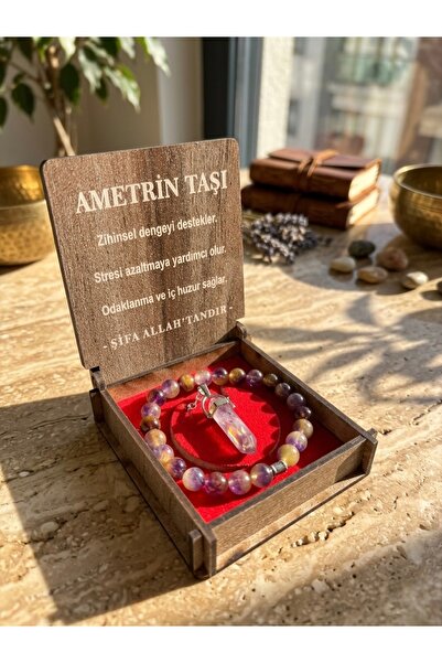 Meneva Aksesuar Ametrin Natural Stone Necklace, Bracelet Special Gift Set