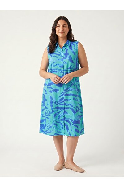 STORi Women's Large Size Summer Midi Dress Shirt Buttoned Sleeveless Viscose ...