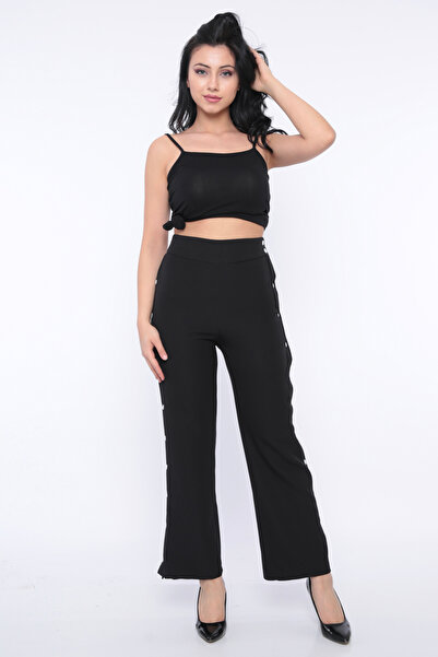 FIRST STYLE Women's Black Turkish Pants with Side Buttons