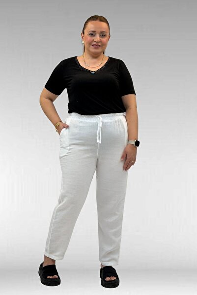Eslina 59020 Large Size Elastic Waist Muslin Narrow Leg Trousers - Ecru